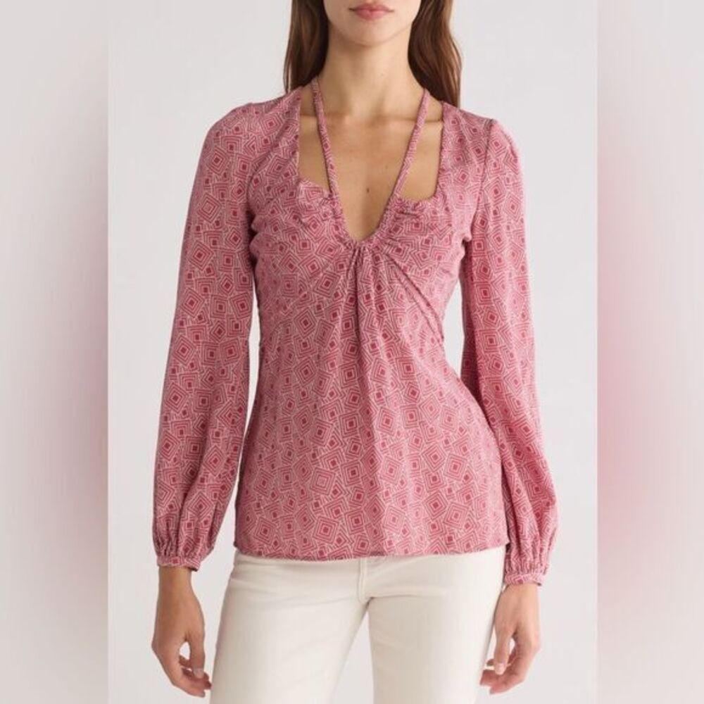 NWT Equipment Arden Blouse Silk Top EARTH RED NATURE WHITE Geometric Print